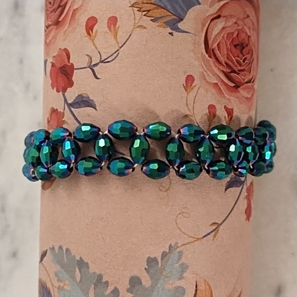 Vintage Brass Wire Woven Iridescent Green Faceted Beads Toggle Clasp - Picture 8 of 11